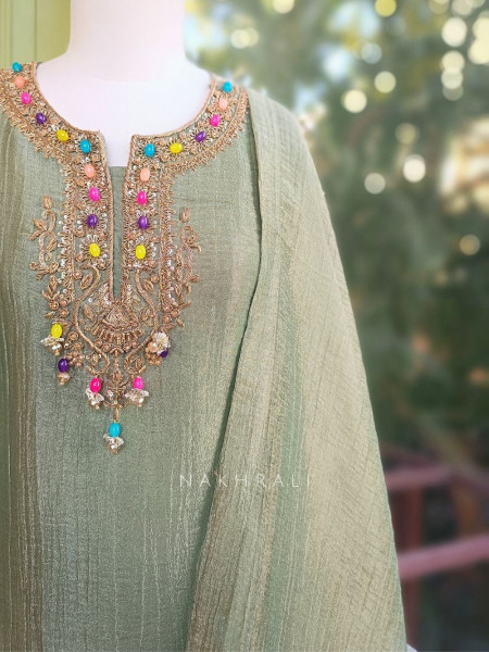 Meherza Green Embroidered Kurta Sharara Set with Dupatta