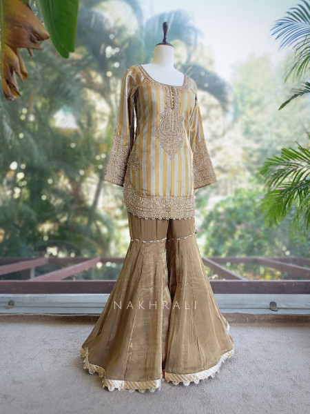 Swarn Lata Brown Suit Set with Zari and Beads Work