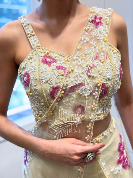 Cressa Cream Crop Top Palazzo Set with Floral Sequin Beads Pearl Work
