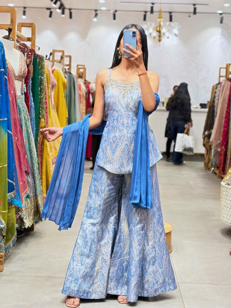 Kaelina Blue Suit Set with Intricate Paisley Embellished Work