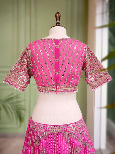 Aarvi Pink Raw Silk Lehenga with Beads, Sequins and Mirror Work