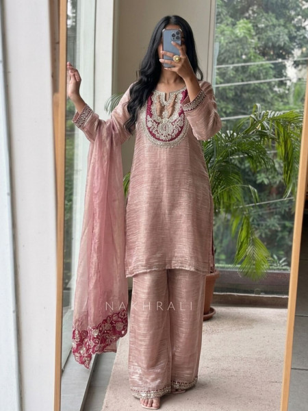 Tishya Pink Tissue Chanderi 3 Piece Suit Set