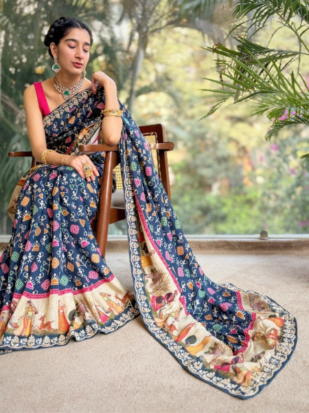 Aarna Blue Crepe Silk Printed Saree with Gota Patti Work