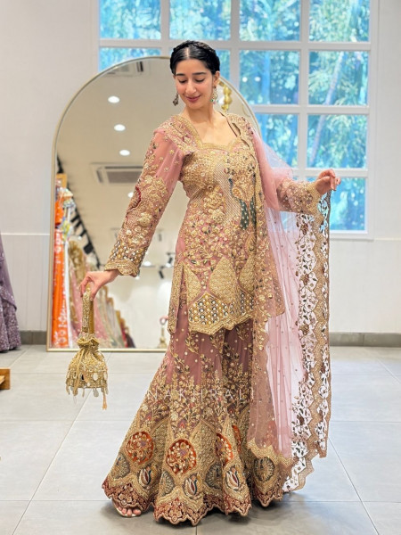 Noor-e-naqsh Onion Net Gharara Set with Mirror and Embroidery