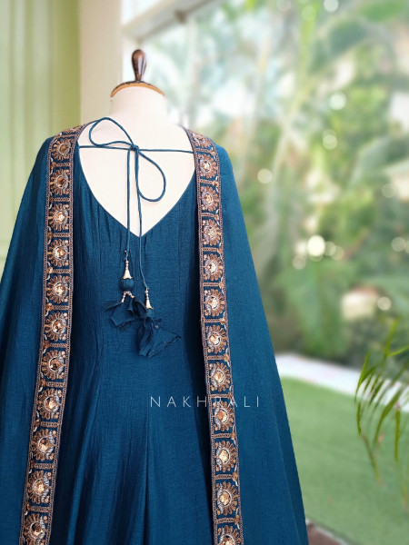 Dastaan Teal Blue Chinon Kalidar Anarkali Set