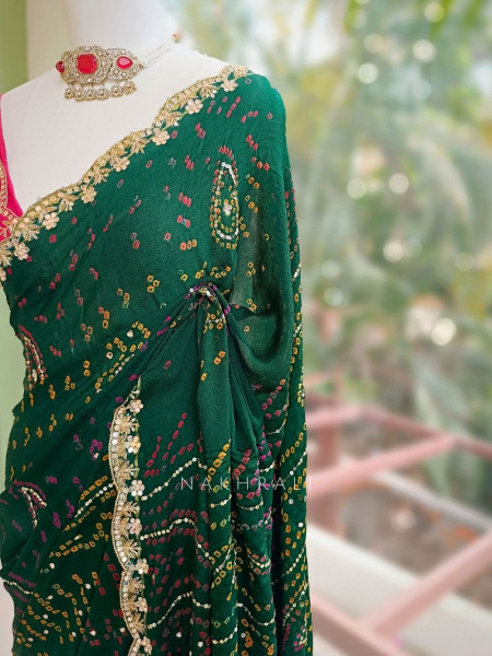 Mehrang Bottle Green Bandhani Saree with Gota Border