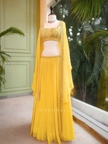 Sunlit Bloom Yellow Chiffon Crop Top Skirt Set with Cut Dana and Sequin Work