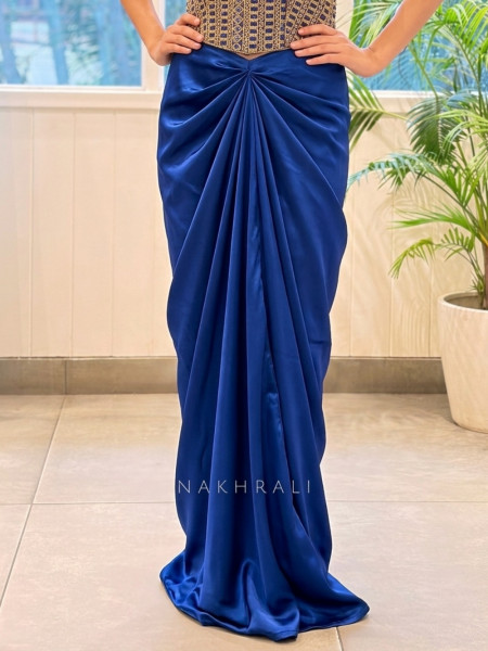 Rubaiyat Royal Blue Satin-Crepe – Indo-Western Crop Top Skirt Set