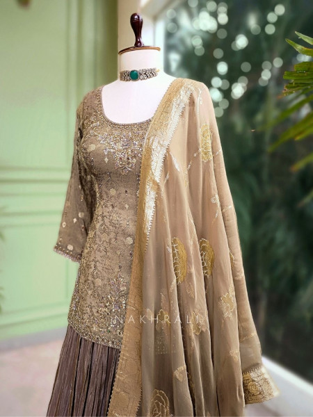 Golden Mocha Sequin & Cut Dana Lehenga Set