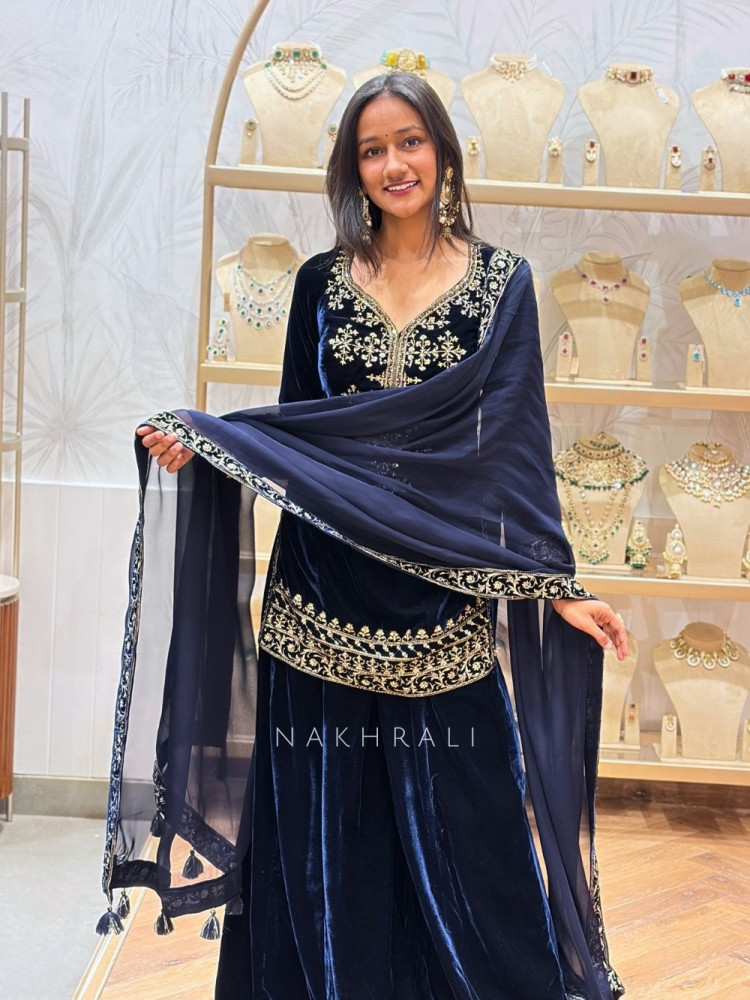 Image of Valencia Navy Blue Velvet Kurta Palazzo Set with Zari Sequin Work