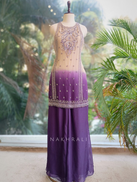 Noorvati Purple Ombre Embroidered Silk Suit Set with Palazzo & Dupatta