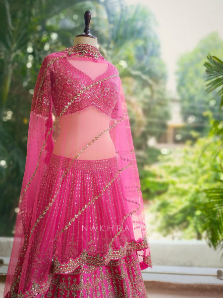 Aarvi Pink Raw Silk Lehenga with Beads, Sequins and Mirror Work