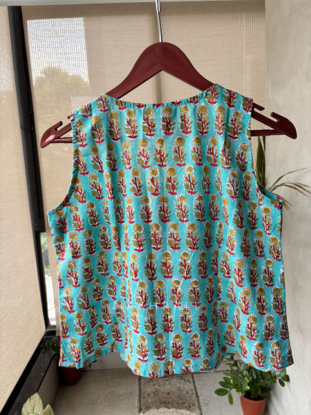 Flexora Firozi Printed Sleeveless Top with Overlap Neck Detail