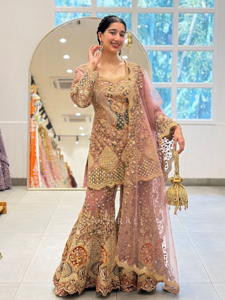 Noor-e-naqsh Onion Net Gharara Set with Mirror and Embroidery
