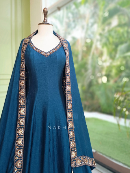Dastaan Teal Blue Chinon Kalidar Anarkali Set