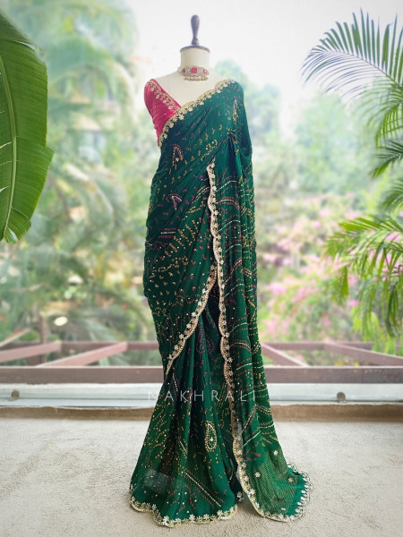 Mehrang Bottle Green Bandhani Saree with Gota Border