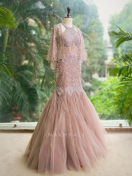 Celestia Pink Net Mermaid Gown with Sequin and Bead Work