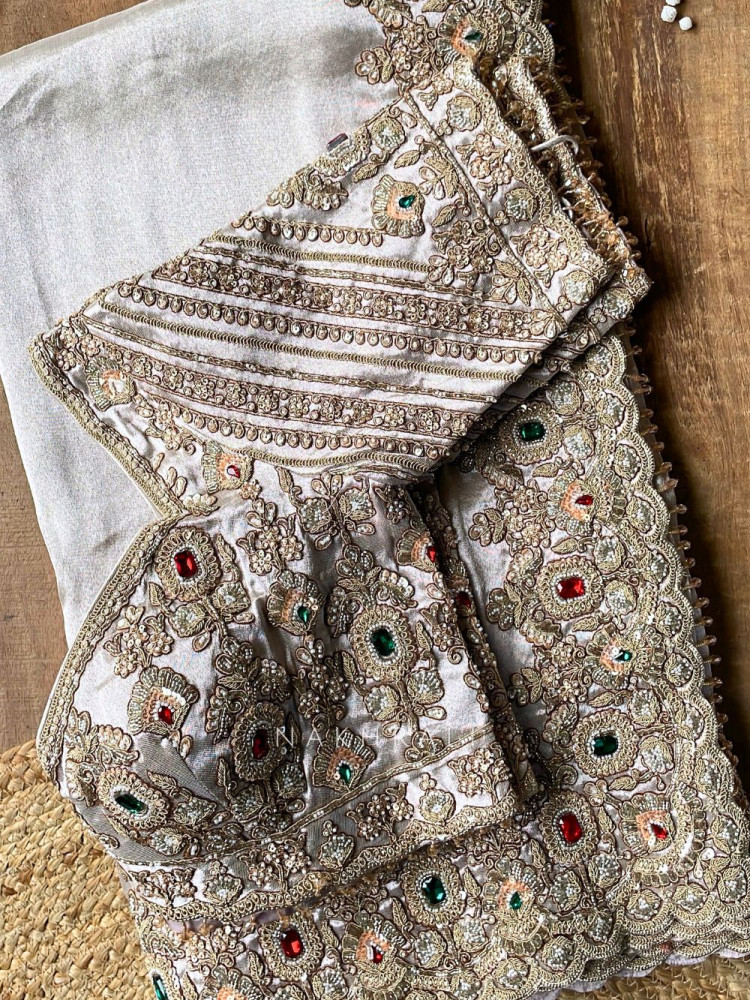 Image of Rajvika Beige Metallic Tissue Silk Saree with Readymade Blouse