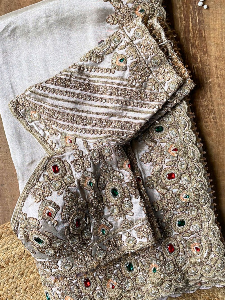 Rajvika Beige Metallic Tissue Silk Saree with Readymade Blouse