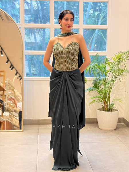 Rubaiyat Green Satin-Crepe – Indo-Western Crop Top Skirt Set