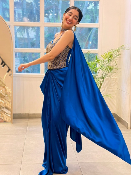 Rubaiyat Royal Blue Satin-Crepe – Indo-Western Crop Top Skirt Set