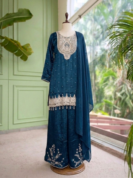 Afsana Teal Green Sharara Suit Set With Metallic Yoke & Pearl Tassel Work