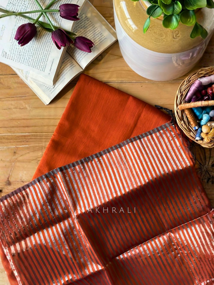 Image of Taga Maheshwari Orange Dress Material with Zari Stripe Dupatta