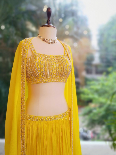 Sunlit Bloom Yellow Chiffon Crop Top Skirt Set with Cut Dana and Sequin Work