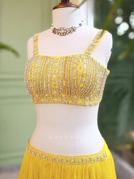 Sunlit Bloom Yellow Chiffon Crop Top Skirt Set with Cut Dana and Sequin Work