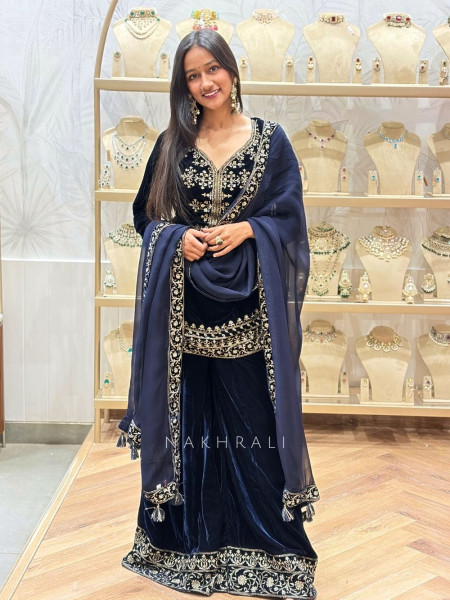 Valencia Navy Blue Velvet Kurta Palazzo Set with Zari Sequin Work