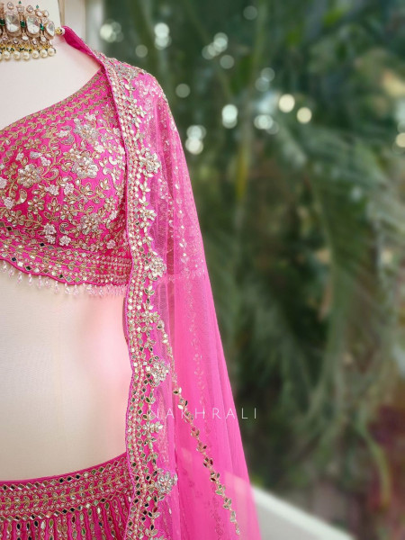 Aarvi Pink Raw Silk Lehenga with Beads, Sequins and Mirror Work