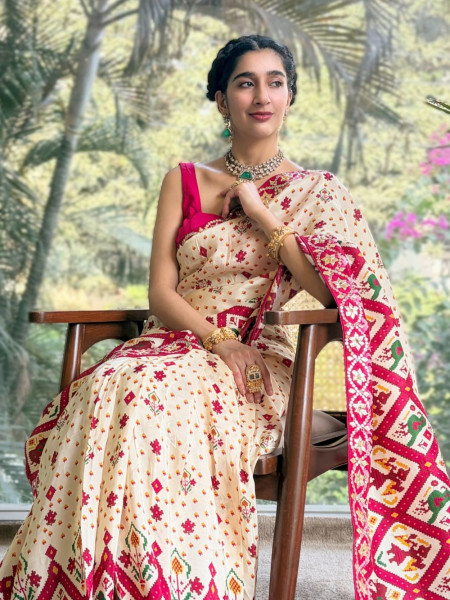 Mira Cream Silk Saree with Magenta Digital Print