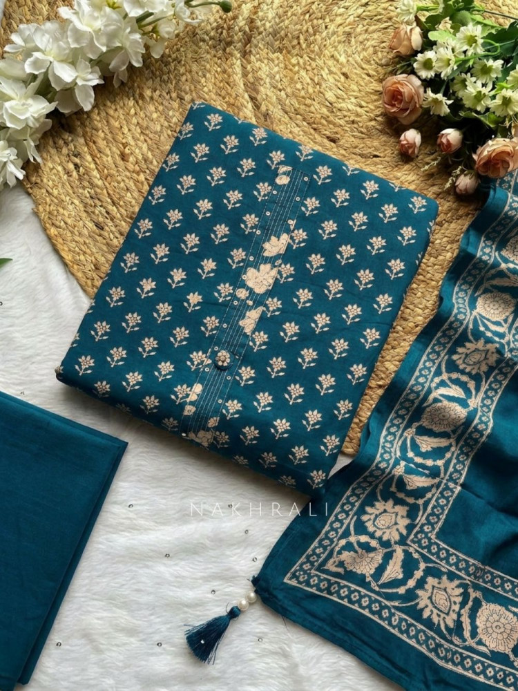 Image of Dhaara Teal Blue Cotton Dress Material with Block Print