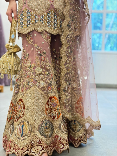 Noor-e-naqsh Onion Net Gharara Set with Mirror and Embroidery