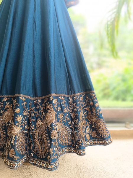 Dastaan Teal Blue Chinon Kalidar Anarkali Set