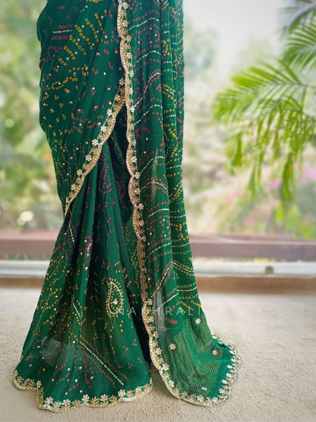 Mehrang Bottle Green Bandhani Saree with Gota Border