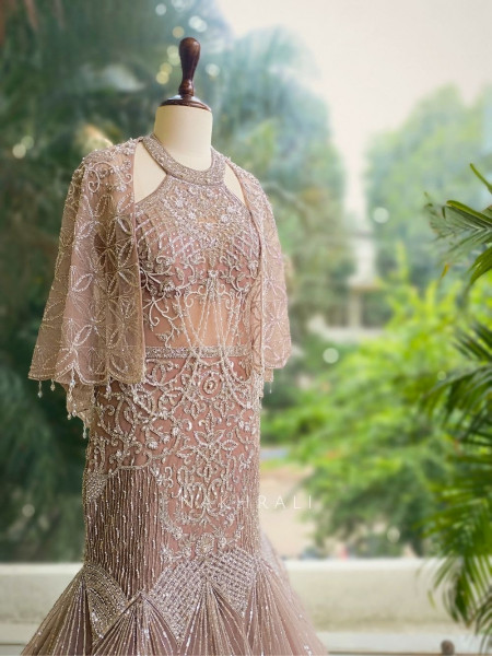 Celestia Pink Net Mermaid Gown with Sequin and Bead Work