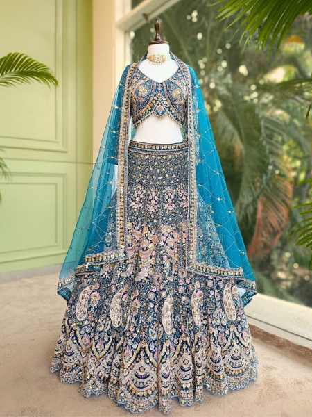 Azure Dream Teal Net Lehenga with Sparkling Sequin Work