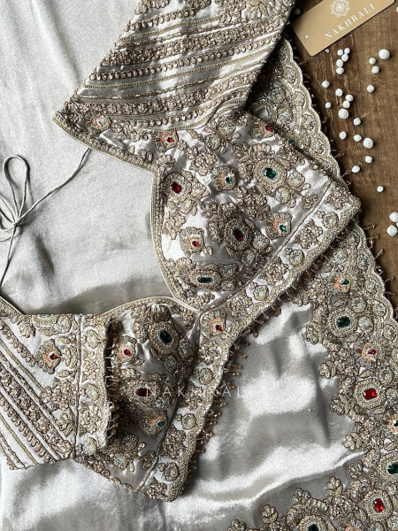 Rajvika Beige Metallic Tissue Silk Saree with Readymade Blouse