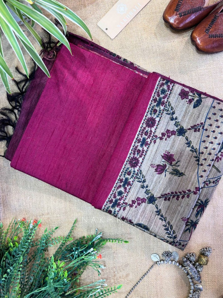 Mridang Maroon Khadi Cotton Saree with Kalamkari Print