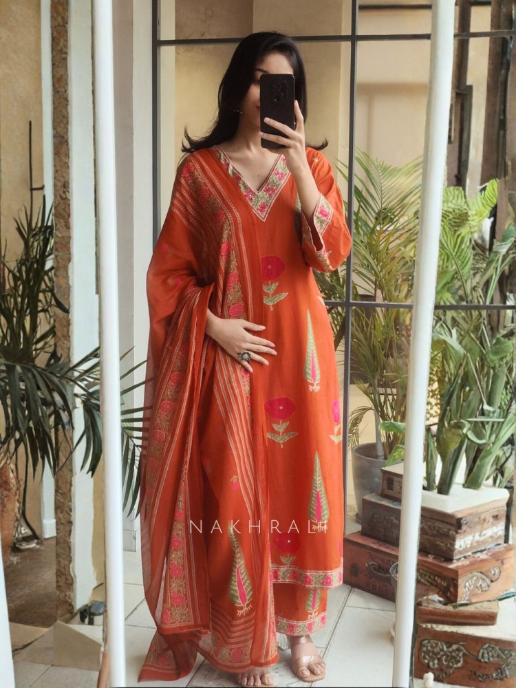 Image of Anvika Orange Floral Cotton Suit Set