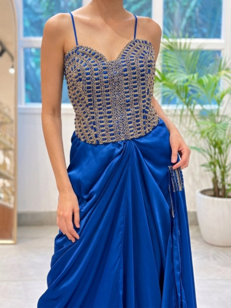 Rubaiyat Royal Blue Satin-Crepe – Indo-Western Crop Top Skirt Set
