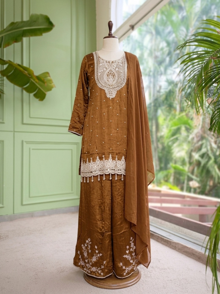 Image of Afsana Brown Sharara Suit Set With Metallic Yoke &amp; Pearl Tassel Work
