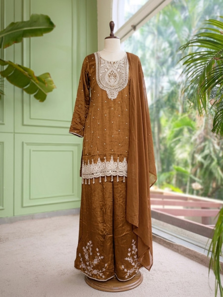 Afsana Brown Sharara Suit Set With Metallic Yoke & Pearl Tassel Work