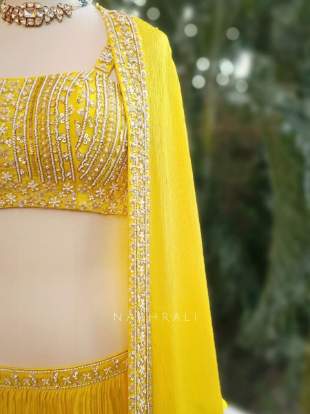 Sunlit Bloom Yellow Chiffon Crop Top Skirt Set with Cut Dana and Sequin Work