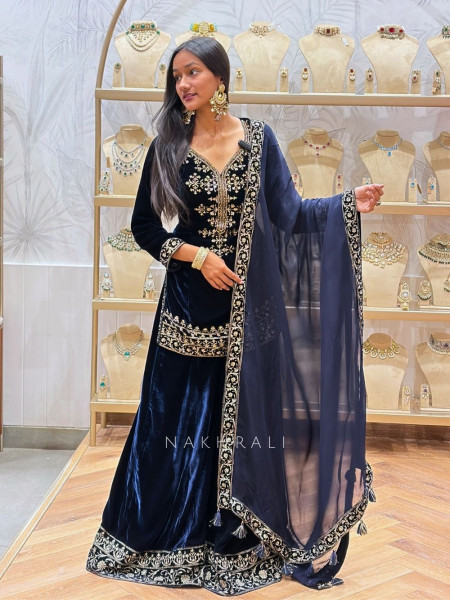 Valencia Navy Blue Velvet Kurta Palazzo Set with Zari Sequin Work