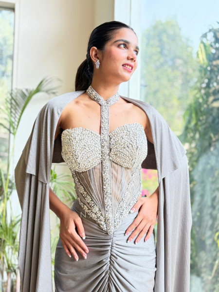 Serene Silver Corset Skirt Set with Stone Embellished Work