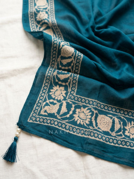 Dhaara Teal Blue Cotton Dress Material with Block Print