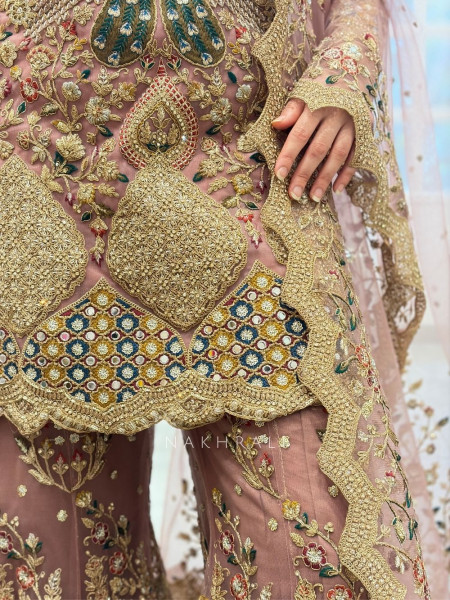 Noor-e-naqsh Onion Net Gharara Set with Mirror and Embroidery