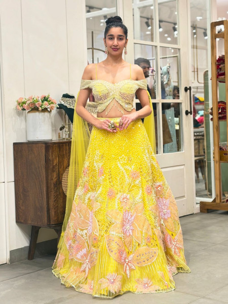 Aveline Yellow  Bridal Lehenga with Sequin & Pearl Detailing
